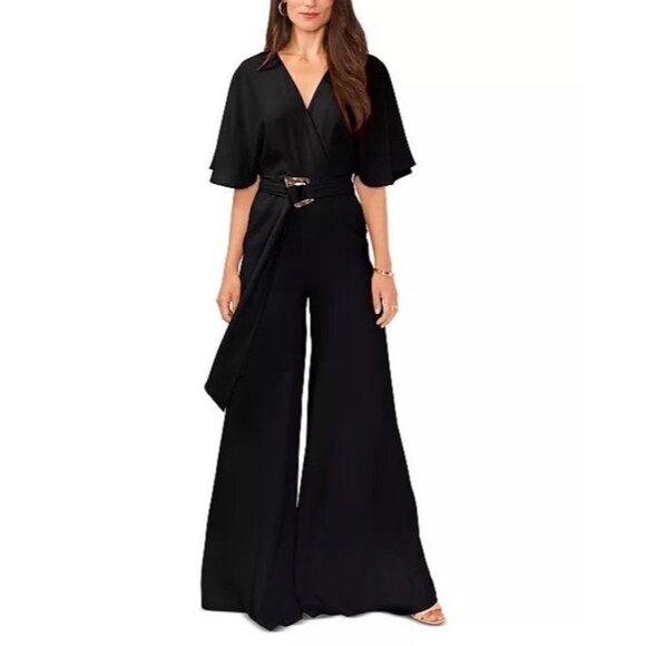 New Vince Camuto Size medium Black V-Neck Belted Wide Leg Maxi Jumpsuit - Picture 1 of 9